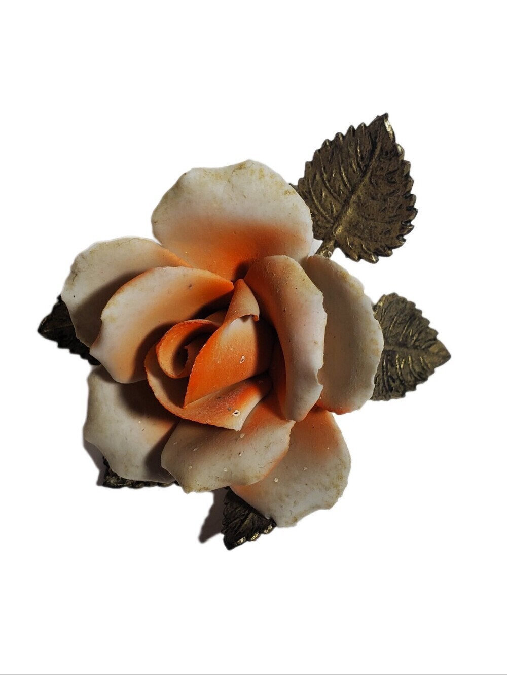 VINTAGE Capodimonte Porcelain Rose on Gold Tone Metal Leaves Figurine from Italy
